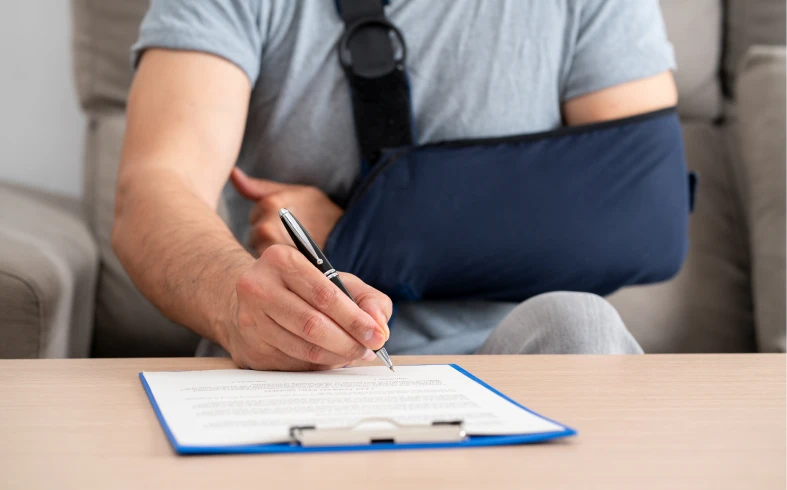 Person with arm sling signing a document.